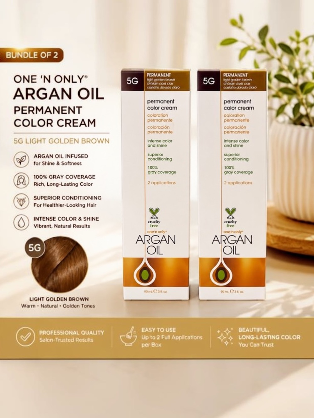 Argan Oil Permanent Color Cream - Light Golden Brown (5G) - Pack of 2